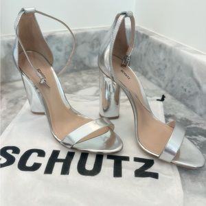 SCHUTZ Jeannine Silver Leather Sandal Heels Size 8.5